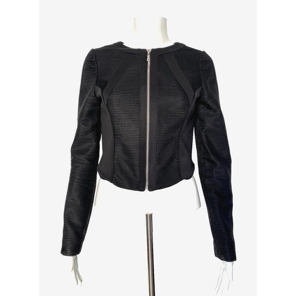 GUESS Scuba Mesh Mix Detail Cropped Moto Black Zipper Jacket Size XS